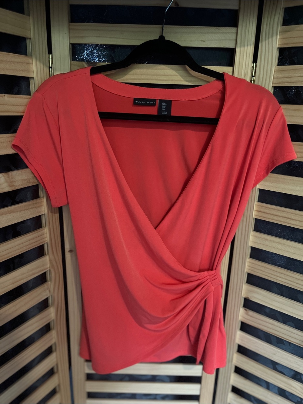 Tahari Coral orange Wrap Front Short Sleeve Blouse